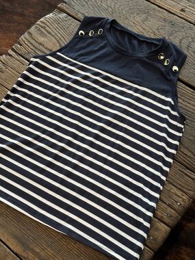 Navy and White Striped Sleeveless Top with Gold Button Detail Womens Large
